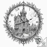 Clock tower entwined with vines, tattoo line… – tattoo sketch (№1752618523_0, 15.07.2025 22:28) — tattoovalue.net