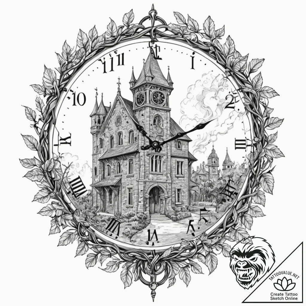 Clock tower entwined with vines, tattoo line... - tattoo sketch (№1752618523_0, 15.07.2025 22:28) — tattoovalue.net