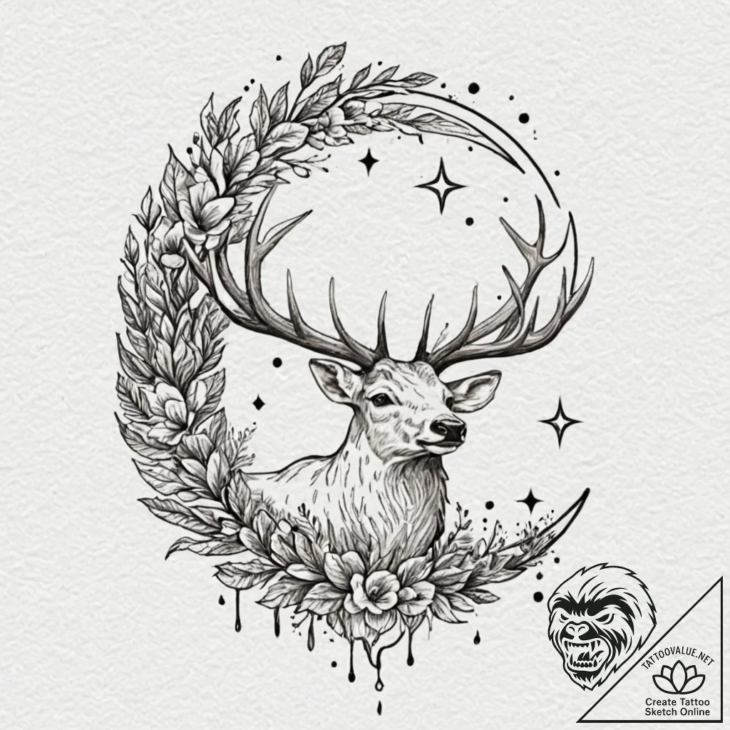 Ivory stag beneath crescent moon, tattoo draw... - tattoo sketch (№1752619690_0, 15.07.2025 22:48) — tattoovalue.net