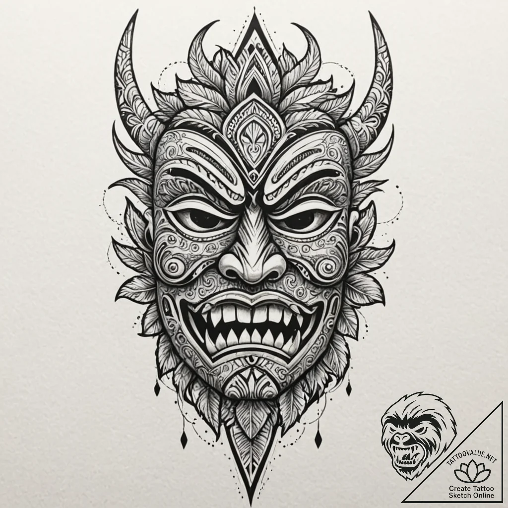 A polynesian tiki mask, concept art for tatto... - tattoo sketch (№1752619769_0, 15.07.2025 22:49) — tattoovalue.net