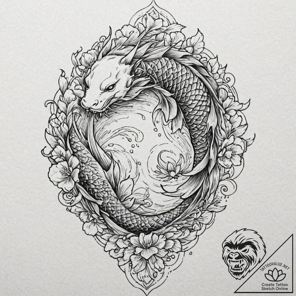 Koi fish swimming in spectral pool, tattoo li... - tattoo sketch (№1752619853_0, 15.07.2025 22:50) — tattoovalue.net
