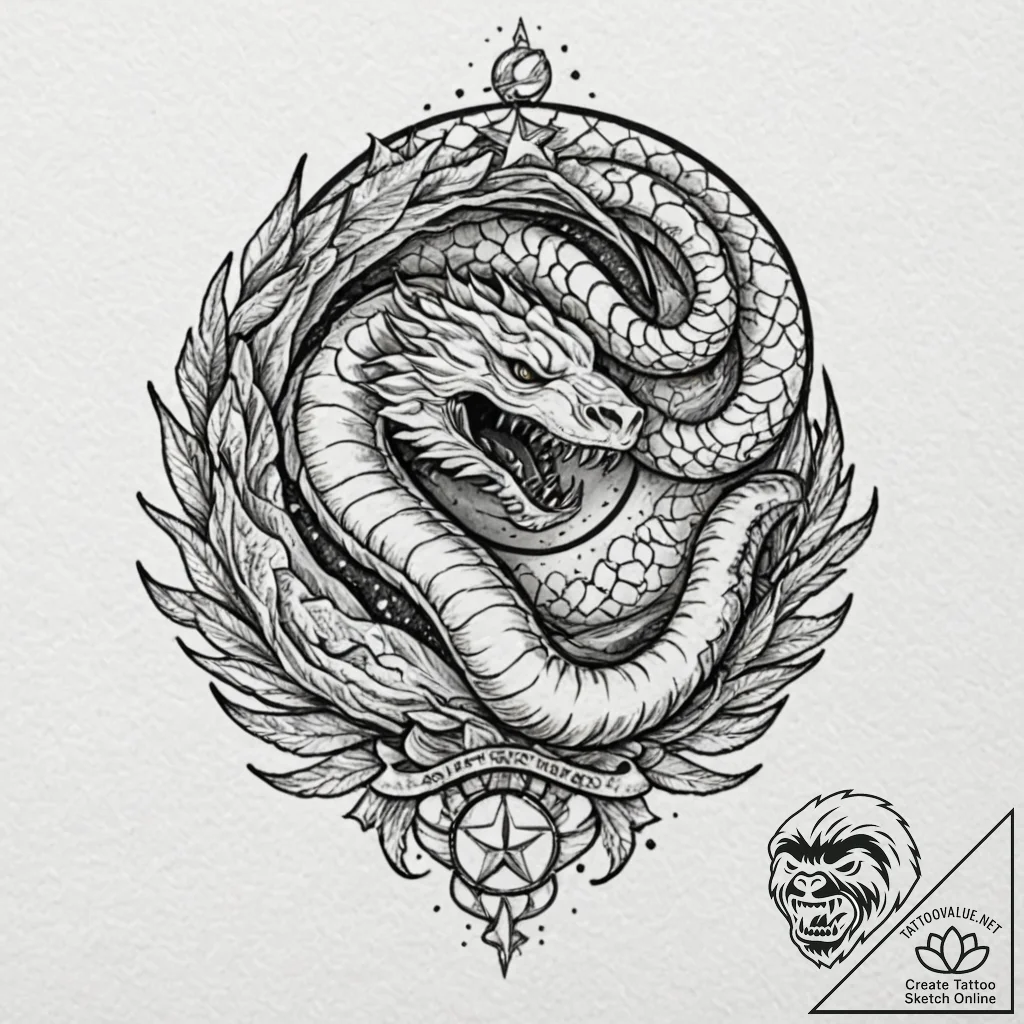 Lunar serpent devouring stars, tattoo sketch... - tattoo sketch (№1752619937_0, 15.07.2025 22:52) — tattoovalue.net