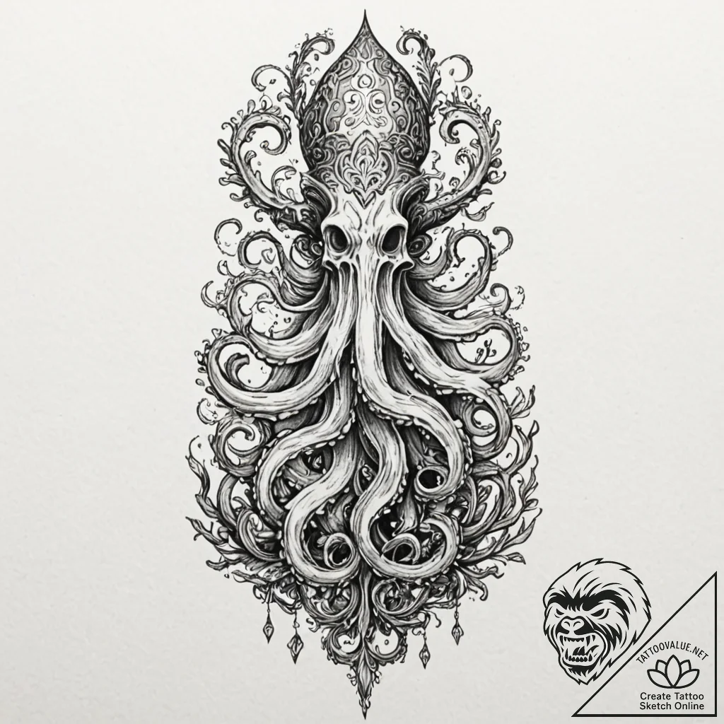 Kraken wrapping coral spire, tattoo sketch de... - tattoo sketch (№1752621437_0, 15.07.2025 23:17) — tattoovalue.net
