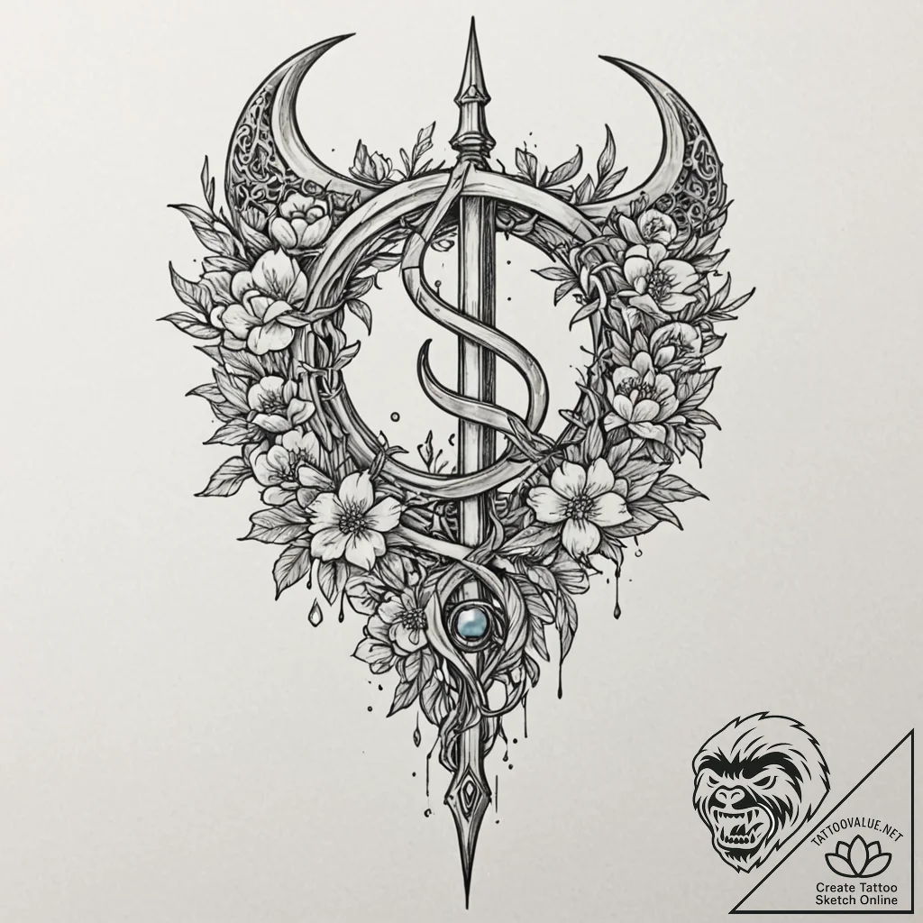 Opal scythe cleaving spectral bloom, ink illu... - tattoo sketch (№1752621856_0, 15.07.2025 23:24) — tattoovalue.net