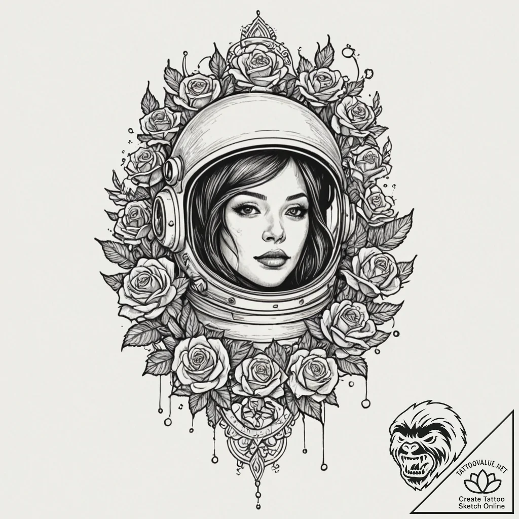 Astronaut melting into stars, tattoo sketch d... - tattoo sketch (№1752621940_0, 15.07.2025 23:25) — tattoovalue.net