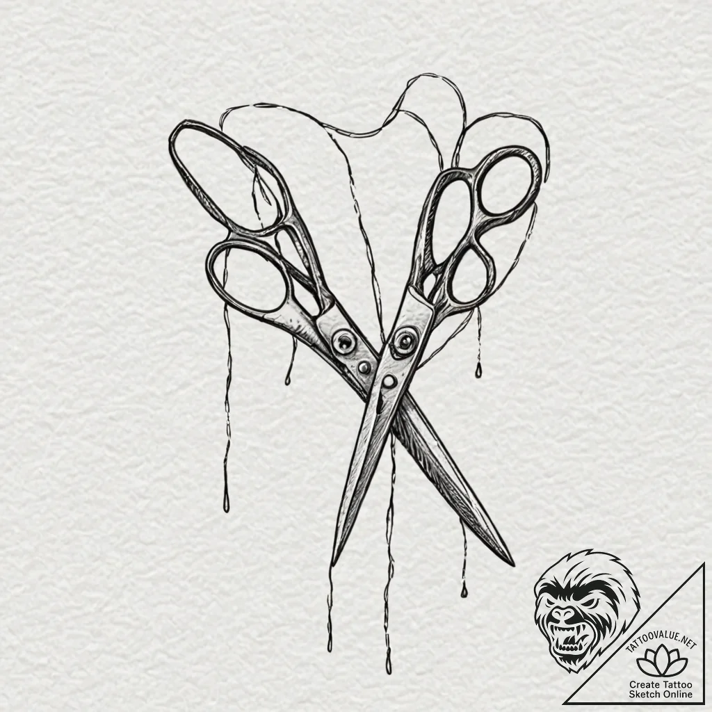 A pair of scissors cutting a string of fate,... - tattoo sketch (№1752622524_0, 15.07.2025 23:35) — tattoovalue.net