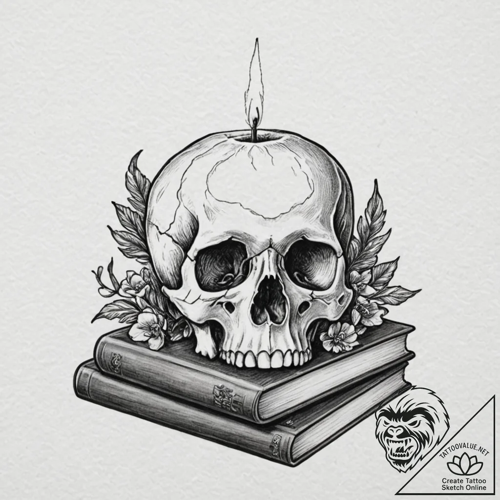 Vanitas still life (skull, candle, book), tat... - tattoo sketch (№1752622608_0, 15.07.2025 23:36) — tattoovalue.net