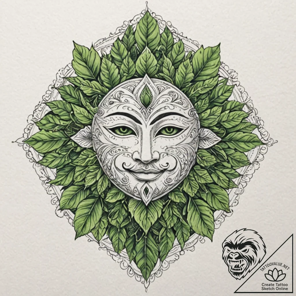 Mask of the green man, woven from leaves and... - tattoo sketch (№1752623275_0, 15.07.2025 23:47) — tattoovalue.net