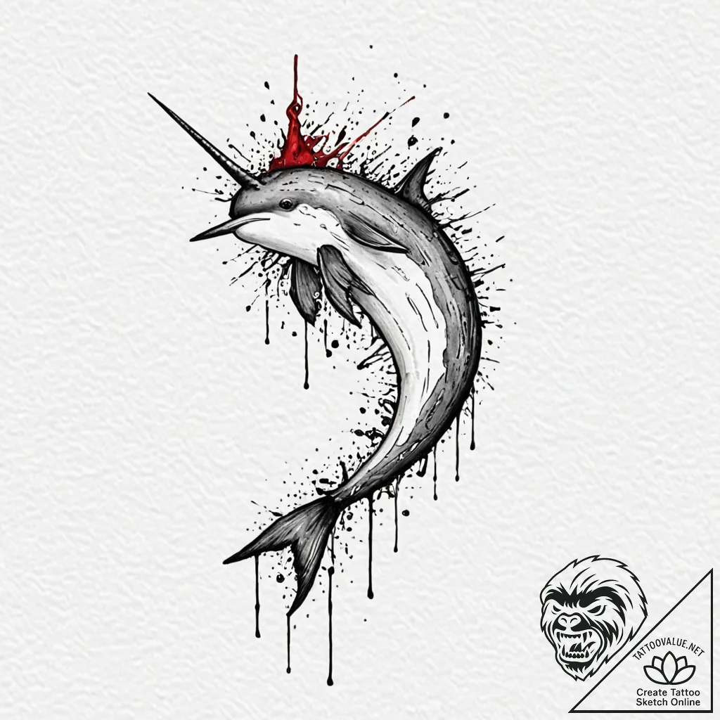 Narwhal, tattoo sketch design, watercolor tat... - tattoo sketch (№1752623692_0, 15.07.2025 23:54) — tattoovalue.net