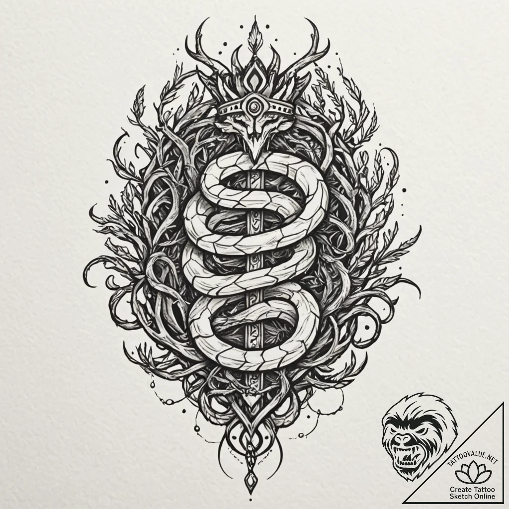 Fractured serpent crowned in roots, tattoo dr... - tattoo sketch (№1752624192_0, 16.07.2025 00:03) — tattoovalue.net