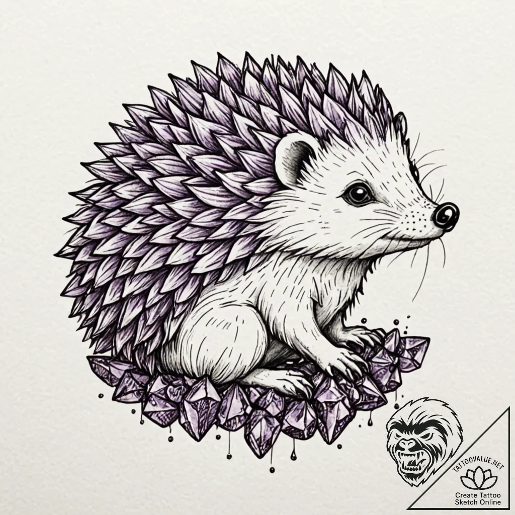 Hedgehog with spines of amethyst crystals, ta... - tattoo sketch (№1752625195_0, 16.07.2025 00:19) — tattoovalue.net