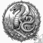 Ice dragon winding through ruins, ink illustr… – tattoo sketch (№1752625278_0, 16.07.2025 00:21) — tattoovalue.net