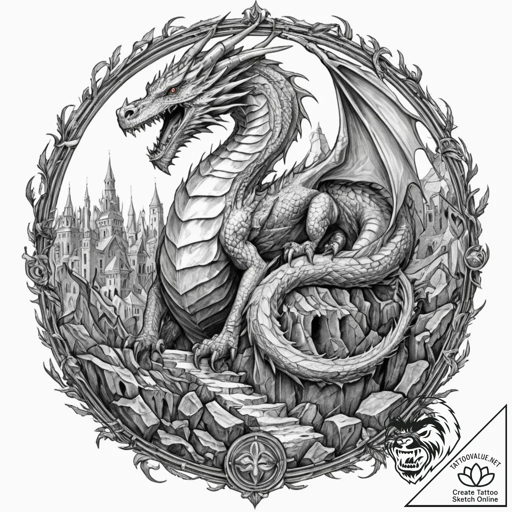 Ice dragon winding through ruins, ink illustr... - tattoo sketch (№1752625278_0, 16.07.2025 00:21) — tattoovalue.net
