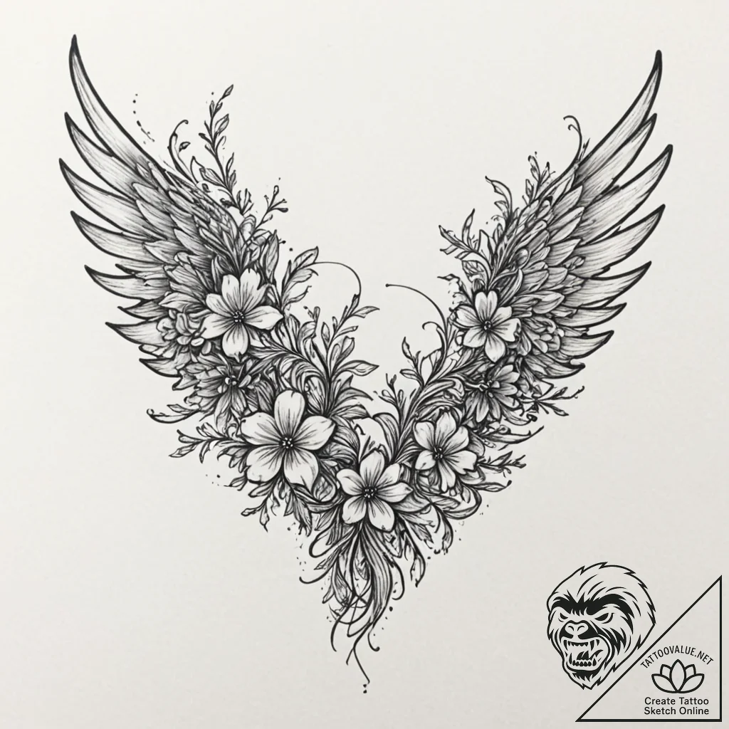 Unbound wings devouring celestial bloom, conc... - tattoo sketch (№1752625361_0, 16.07.2025 00:22) — tattoovalue.net