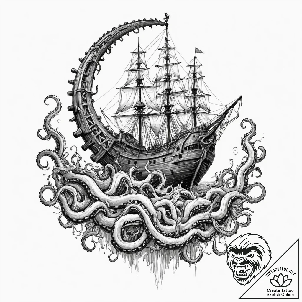 Kraken tentacle crushing a pirate ship, artis... - tattoo sketch (№1752626292_0, 16.07.2025 00:38) — tattoovalue.net