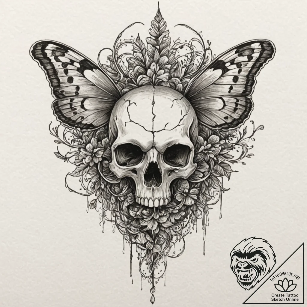 Black moth resting on skull, artistic tattoo... - tattoo sketch (№1752626458_0, 16.07.2025 00:40) — tattoovalue.net