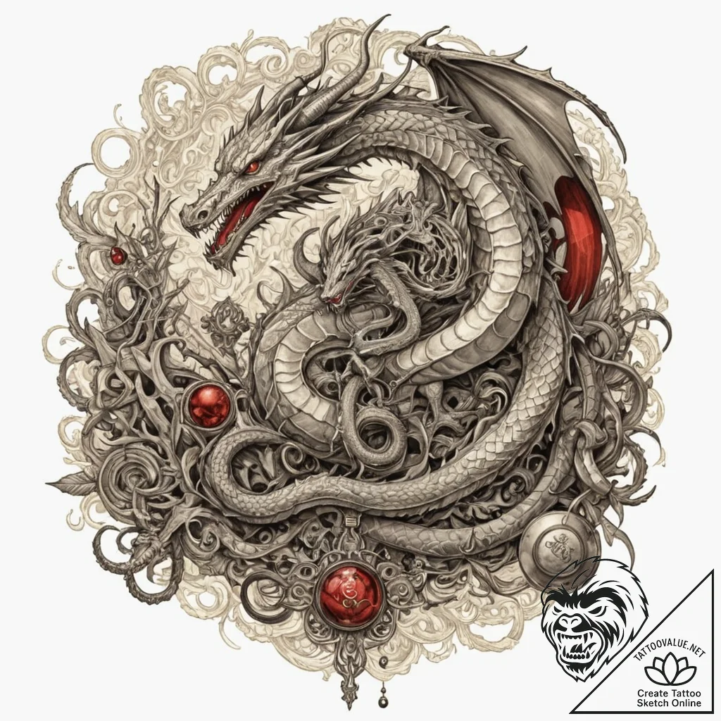 Dragon guarding a hoard of gold, ink illustra... - tattoo sketch (№1752626958_0, 16.07.2025 00:49) — tattoovalue.net