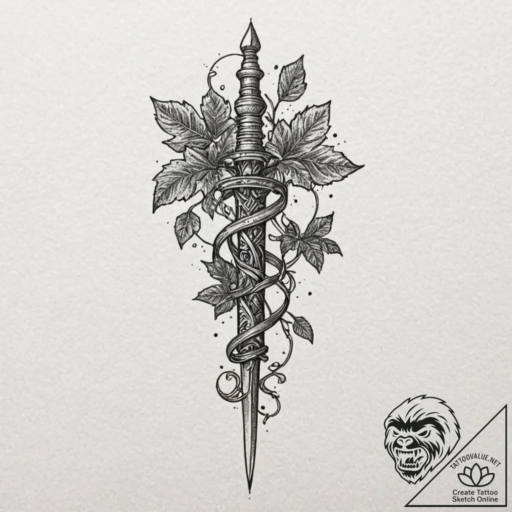 Dagger entwined with ivy, artistic tattoo ske... - tattoo sketch (№1752627880_0, 16.07.2025 01:04) — tattoovalue.net