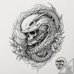 Astronaut skull in cracked helmet, ink illust… – tattoo sketch (№1752628046_0, 16.07.2025 01:07) — tattoovalue.net