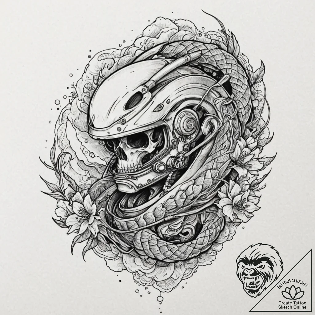 Astronaut skull in cracked helmet, ink illust... - tattoo sketch (№1752628046_0, 16.07.2025 01:07) — tattoovalue.net