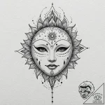 Ritual bone mask beneath crimson sun, tattoo… – tattoo sketch (№1752628130_0, 16.07.2025 01:08) — tattoovalue.net