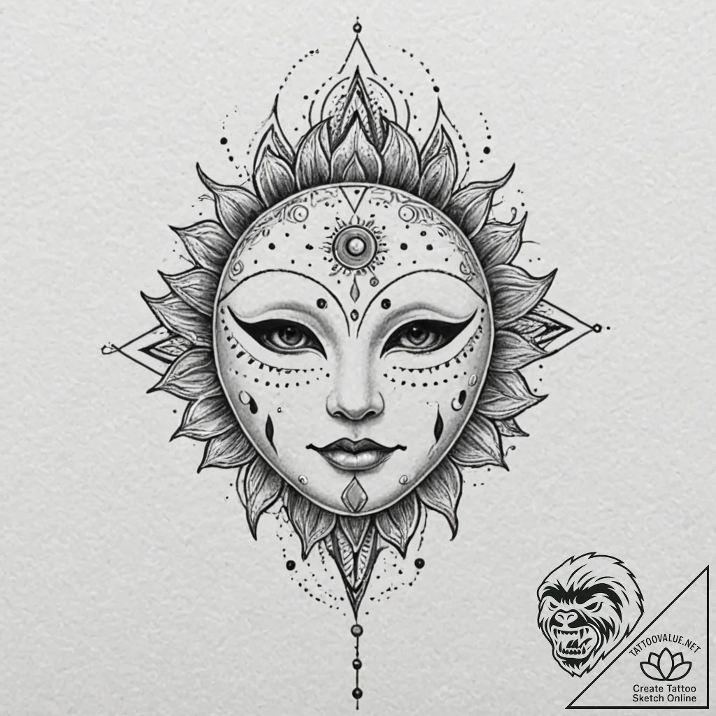 Ritual bone mask beneath crimson sun, tattoo... - tattoo sketch (№1752628130_0, 16.07.2025 01:08) — tattoovalue.net