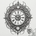 Clock trapped in web of thorns, ink illustrat… – tattoo sketch (№1752628215_0, 16.07.2025 01:10) — tattoovalue.net