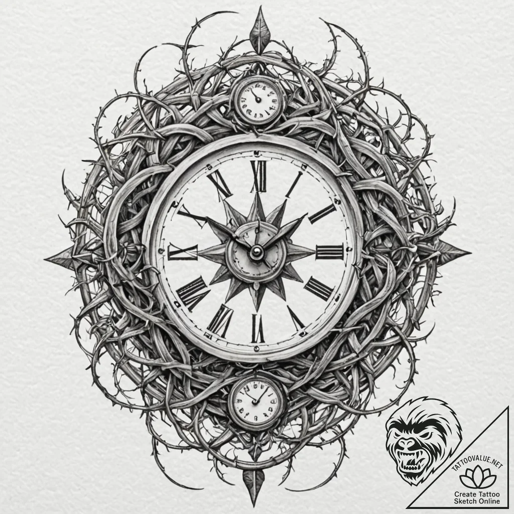 Clock trapped in web of thorns, ink illustrat... - tattoo sketch (№1752628215_0, 16.07.2025 01:10) — tattoovalue.net