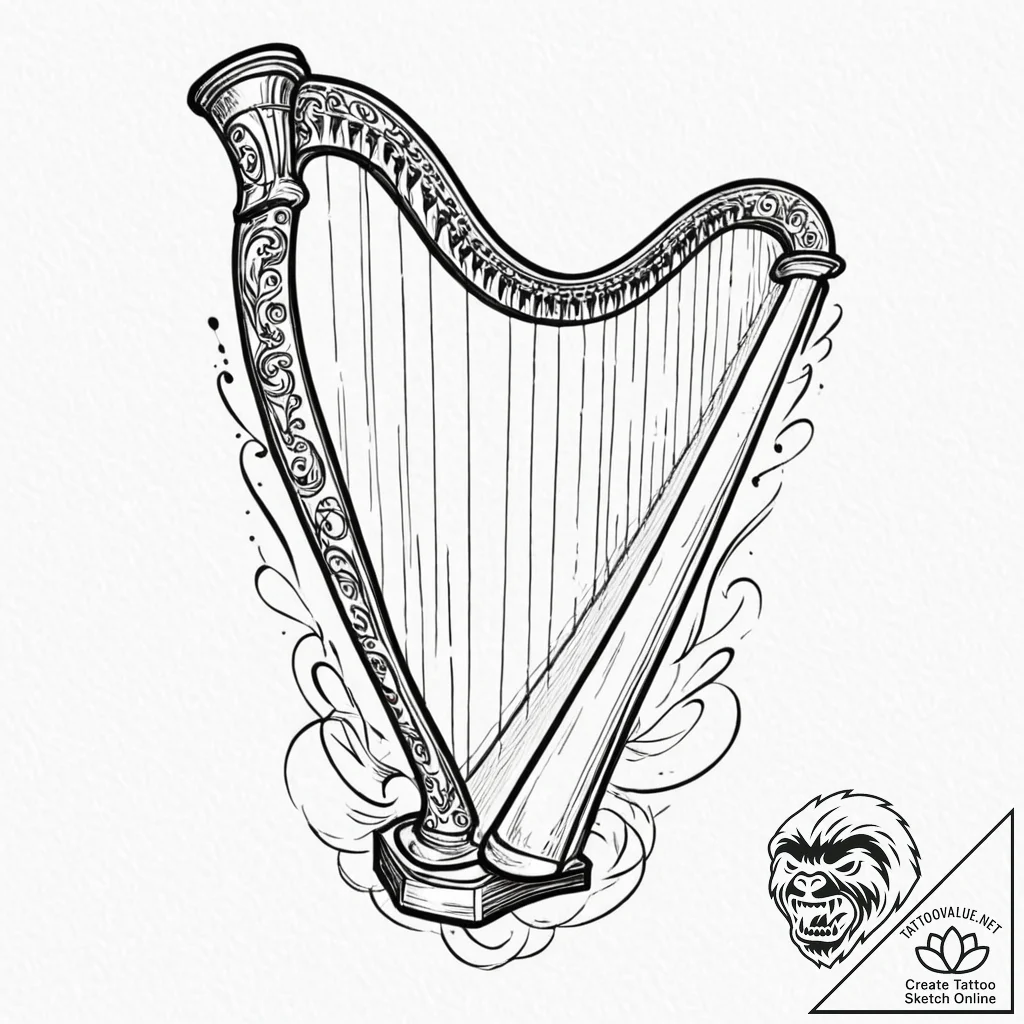 Harp with strings that are rays of moonlight,... - tattoo sketch (№1752628382_0, 16.07.2025 01:13) — tattoovalue.net
