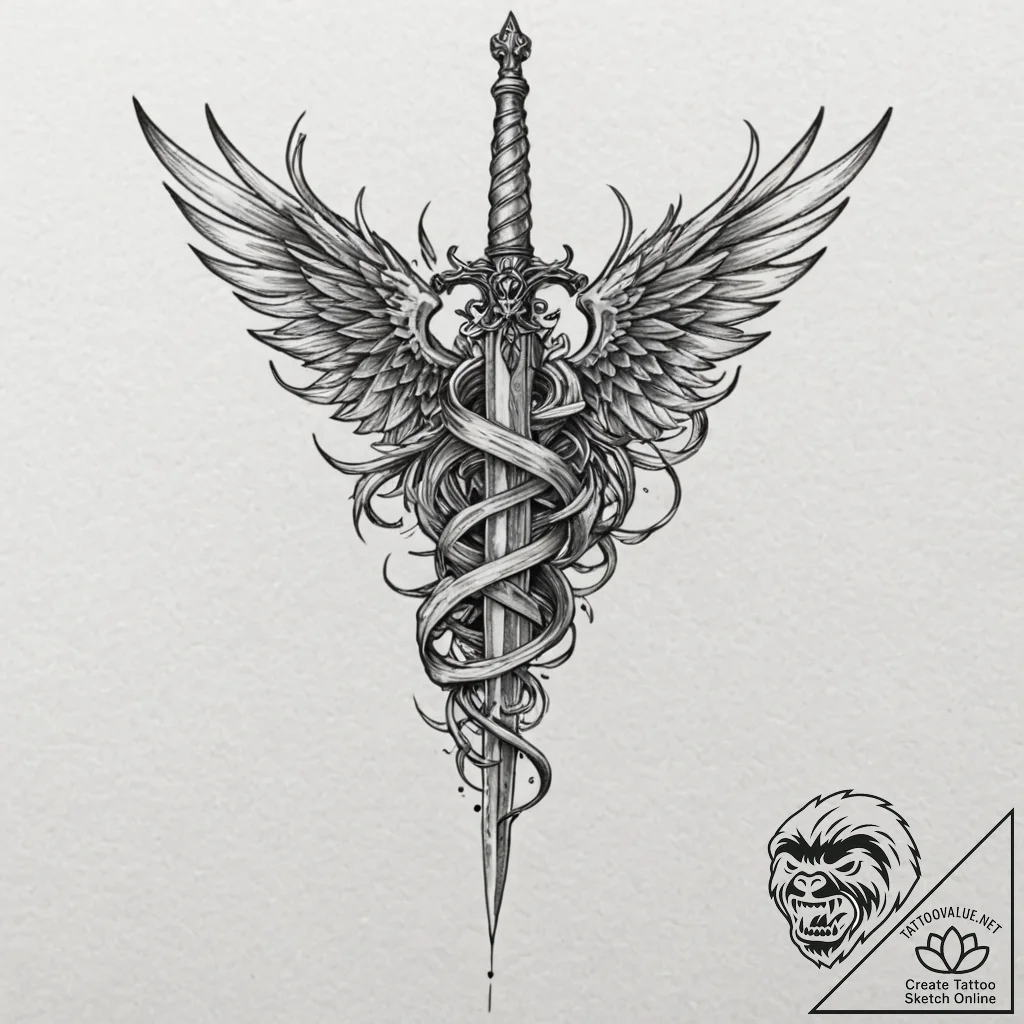 Dagger entwined with skeletal wings, tattoo d... - tattoo sketch (№1752629137_0, 16.07.2025 01:25) — tattoovalue.net