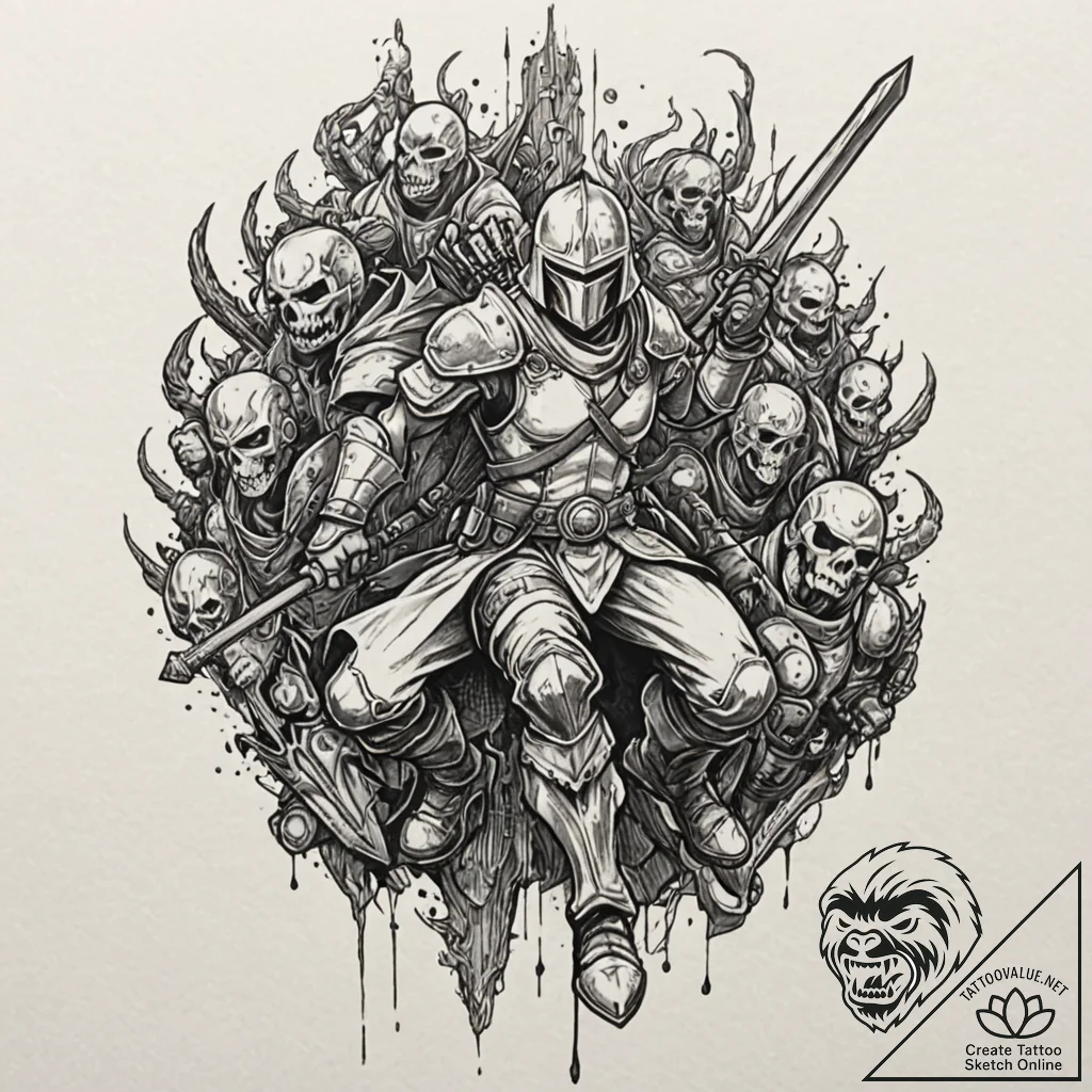Last stand of a lone warrior against a horde,... - tattoo sketch (№1752630057_0, 16.07.2025 01:40) — tattoovalue.net