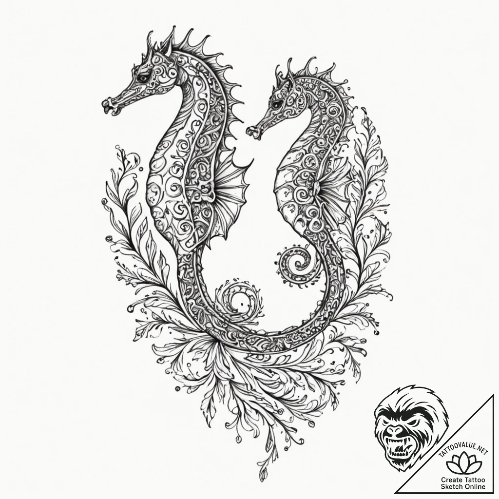 Seahorse made of intricate, swirling filigree... - tattoo sketch (№1752630810_0, 16.07.2025 01:53) — tattoovalue.net