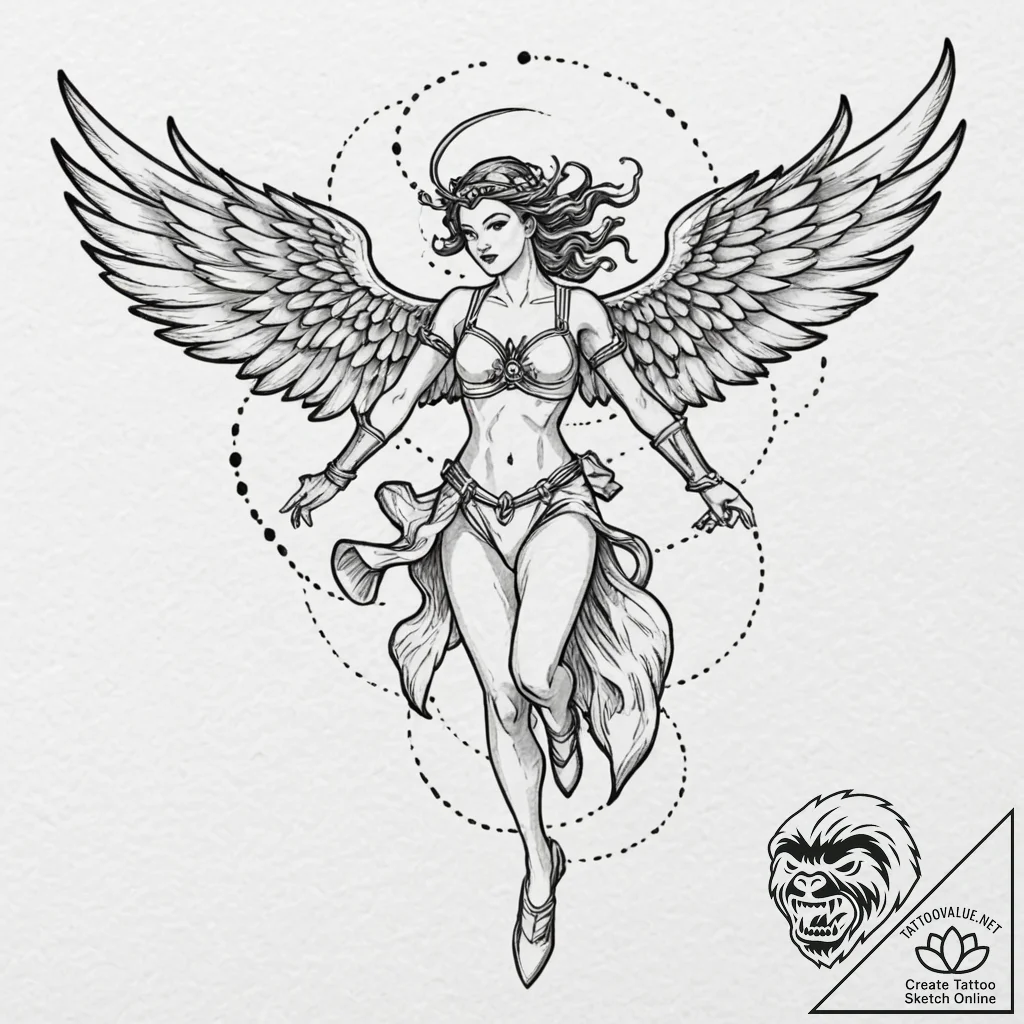 Valkyrie descending from the sky with wings o... - tattoo sketch (№1752631060_0, 16.07.2025 01:57) — tattoovalue.net