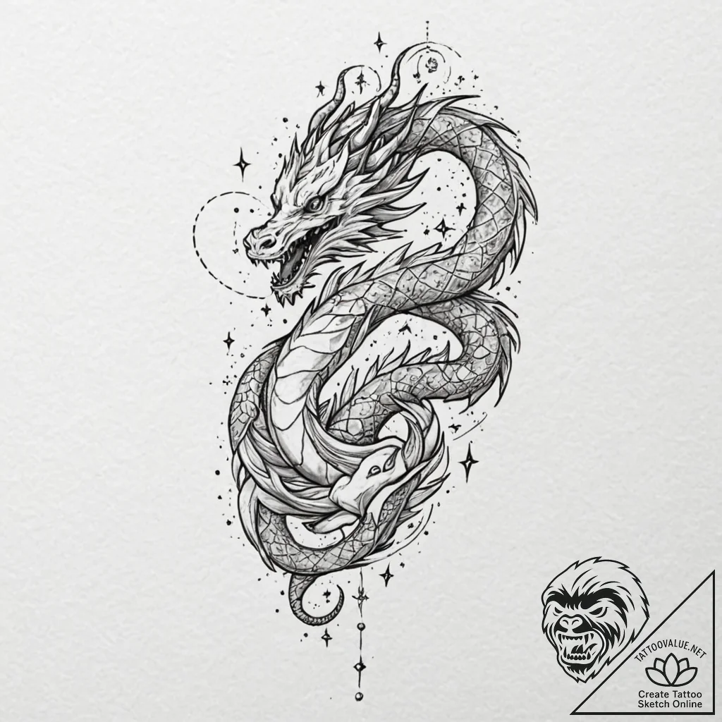 Astral dragon spiraling through stars, tattoo... - tattoo sketch (№1752631562_0, 16.07.2025 02:06) — tattoovalue.net