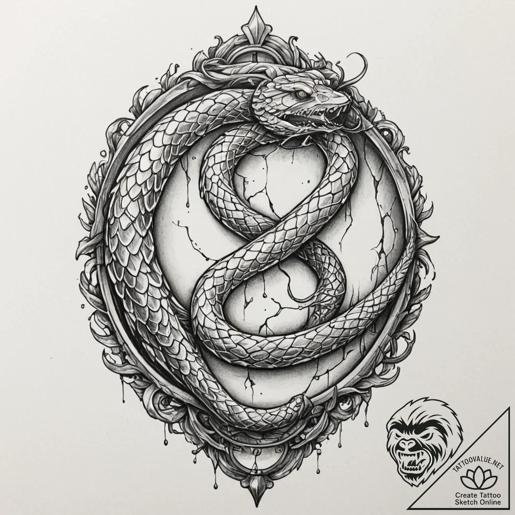 Gilded serpent around cracked mirror, concept... - tattoo sketch (№1752631728_0, 16.07.2025 02:08) — tattoovalue.net