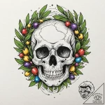 Olive wreath laid on skull, tattoo line art,… – tattoo sketch (№1752632564_0, 16.07.2025 02:22) — tattoovalue.net