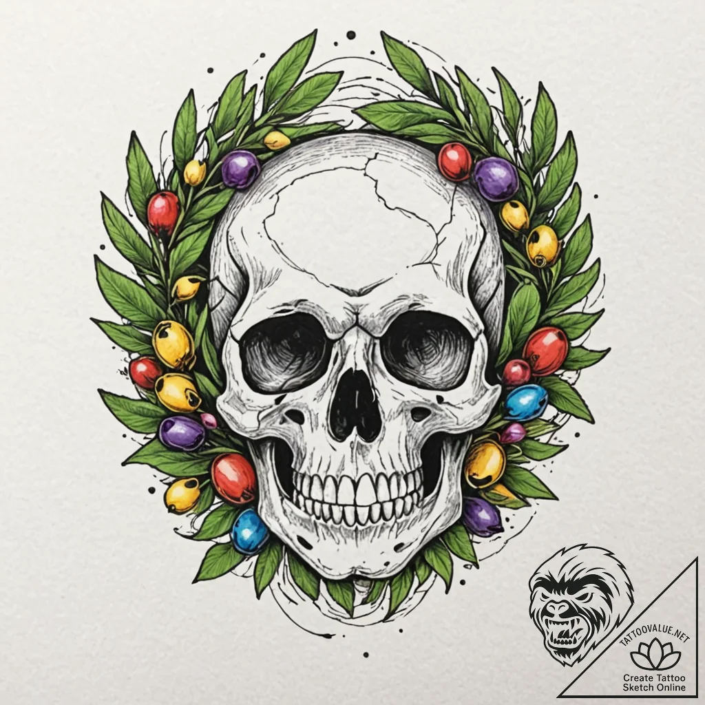 Olive wreath laid on skull, tattoo line art,... - tattoo sketch (№1752632564_0, 16.07.2025 02:22) — tattoovalue.net