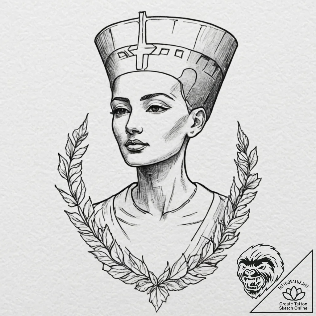 Nefertiti's bust, cracked and overgrown with... - tattoo sketch (№1752632731_0, 16.07.2025 02:25) — tattoovalue.net