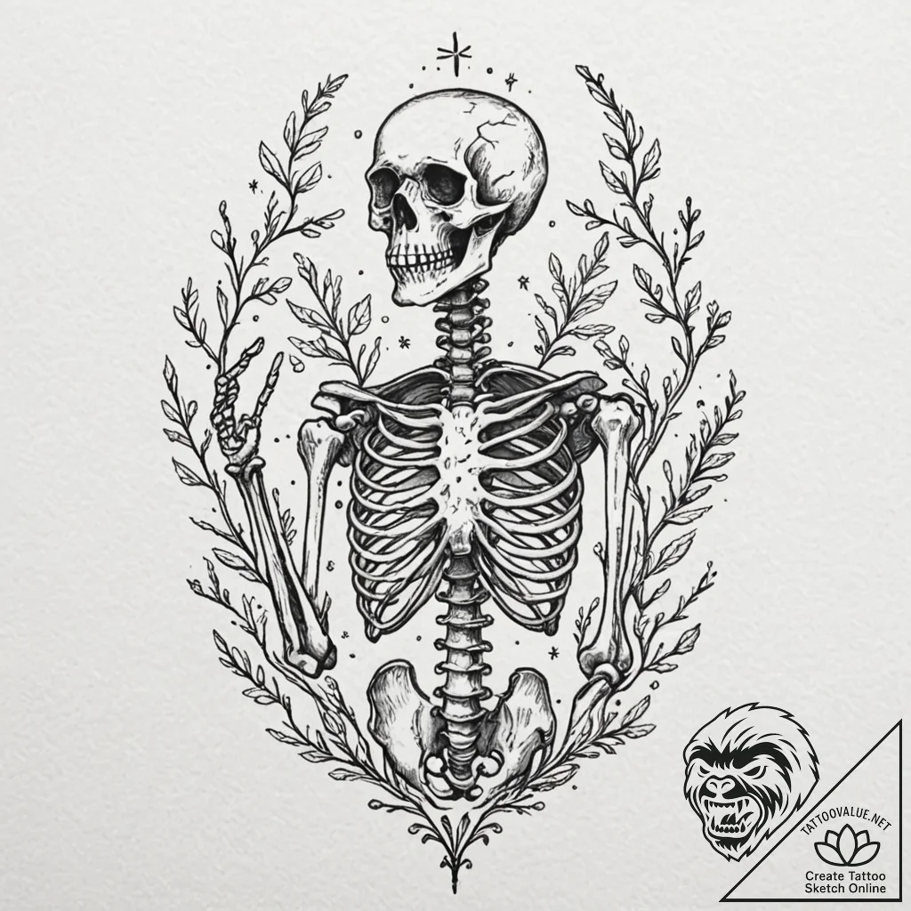 Skeleton, tattoo line art, moderately detaile... - tattoo sketch (№1752634618_0, 16.07.2025 02:56) — tattoovalue.net