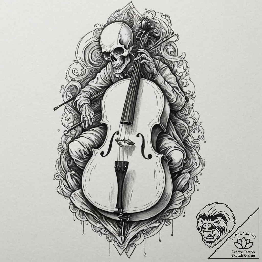 Automaton playing a cello made of bone and wi... - tattoo sketch (№1752635076_0, 16.07.2025 03:04) — tattoovalue.net