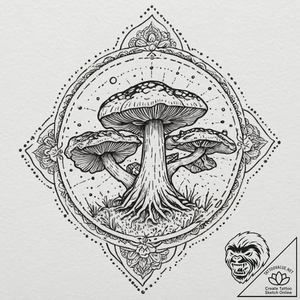 Mushroom spores clouding relic, ink illustrat... - tattoo sketch (№1752635459_0, 16.07.2025 03:10) — tattoovalue.net