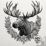 Moose with antlers holding a miniature forest… – tattoo sketch (№1752635688_0, 16.07.2025 03:14) — tattoovalue.net