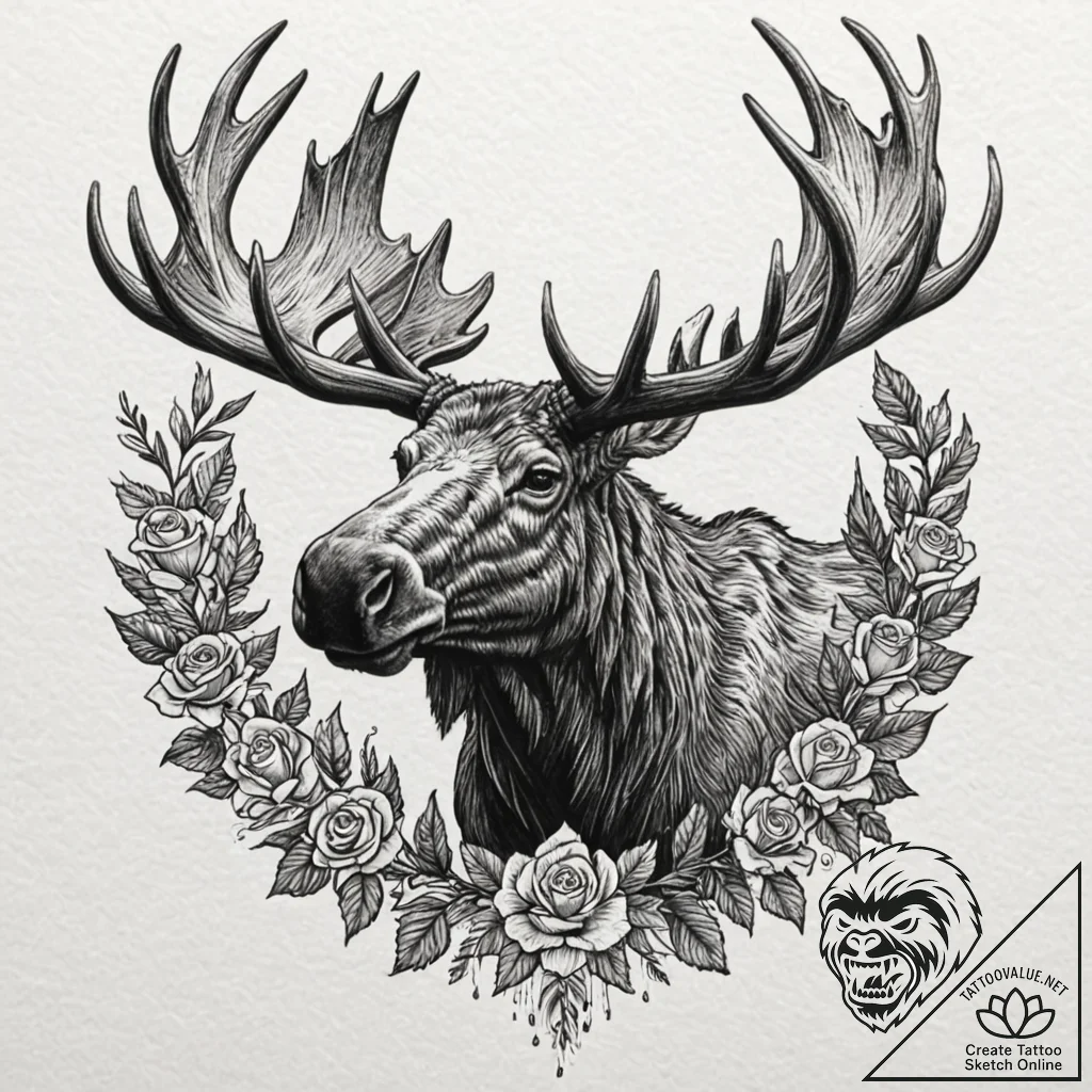 Moose with antlers holding a miniature forest... - tattoo sketch (№1752635688_0, 16.07.2025 03:14) — tattoovalue.net