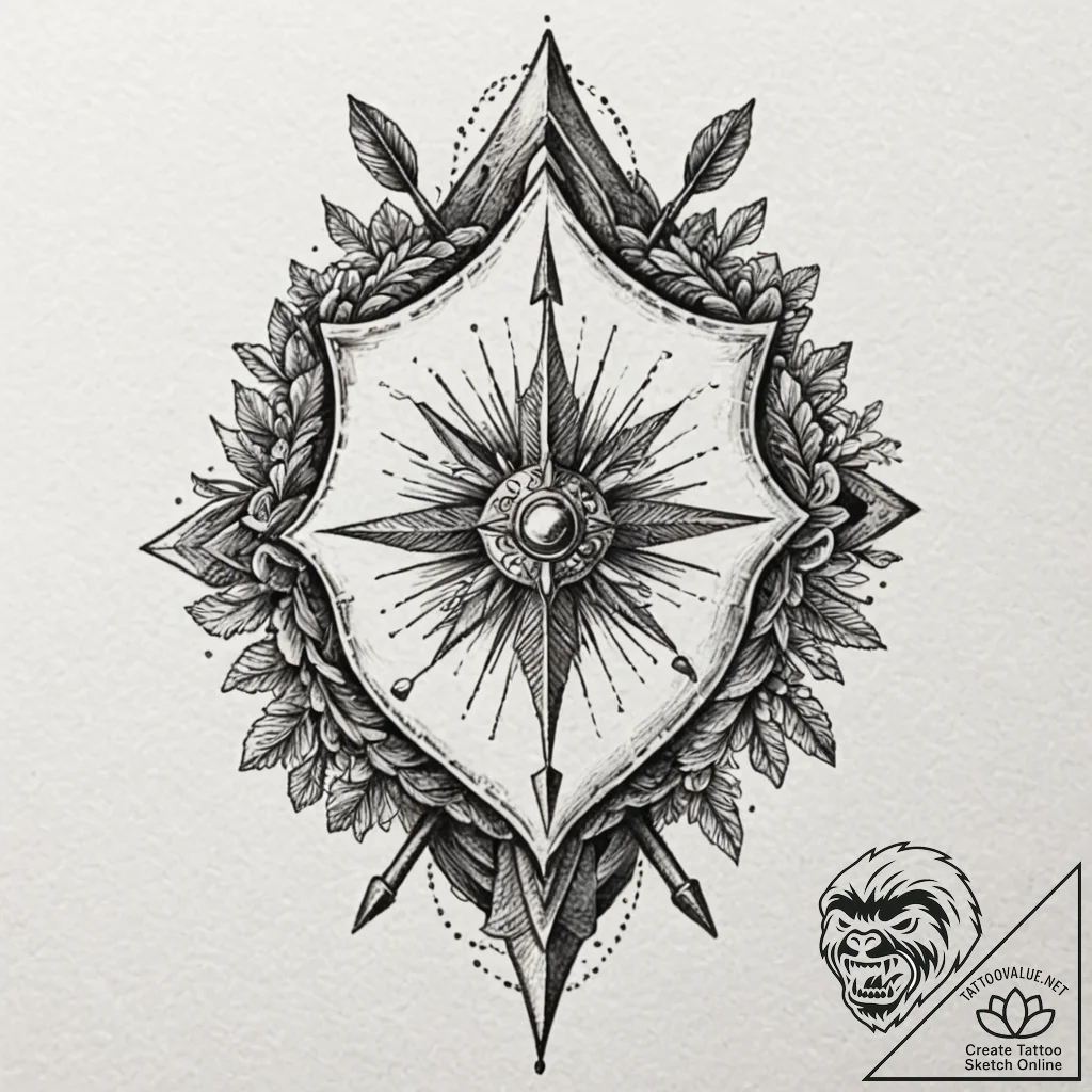 Oak shield pierced by arrows, tattoo line art... - tattoo sketch (№1752635765_0, 16.07.2025 03:16) — tattoovalue.net