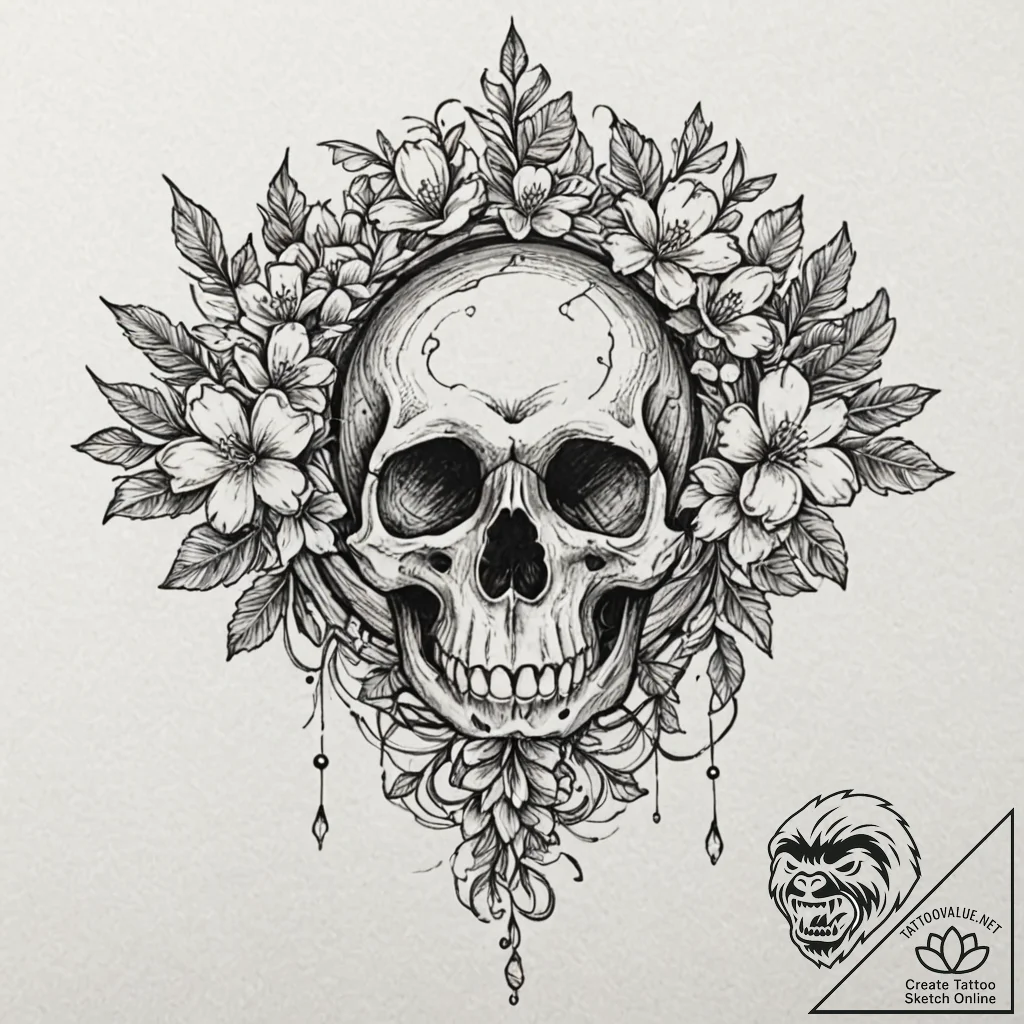 Oak blossom blooming from skull, tattoo flash... - tattoo sketch (№1752635841_0, 16.07.2025 03:17) — tattoovalue.net