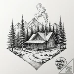 Chalet in the mountains, with smoke rising fr… – tattoo sketch (№1752635918_0, 16.07.2025 03:18) — tattoovalue.net