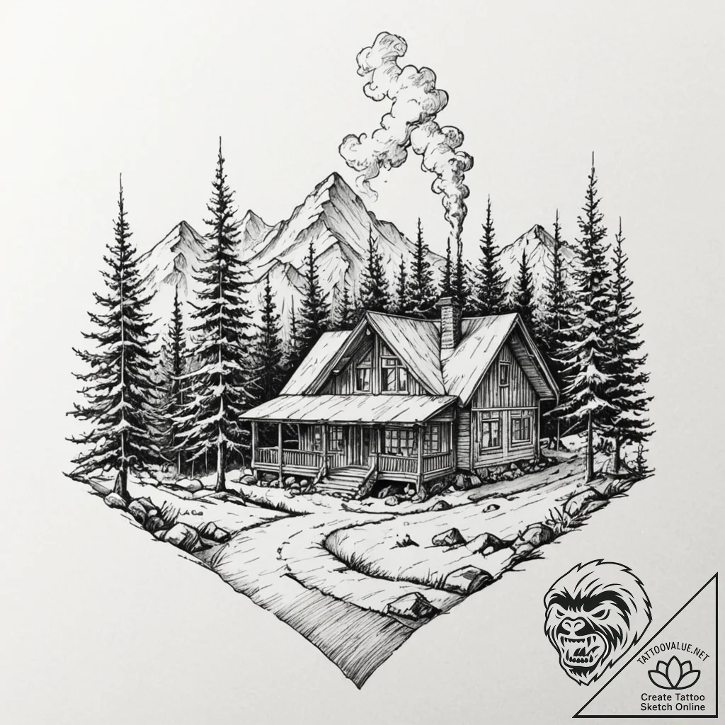 Chalet in the mountains, with smoke rising fr... - tattoo sketch (№1752635918_0, 16.07.2025 03:18) — tattoovalue.net