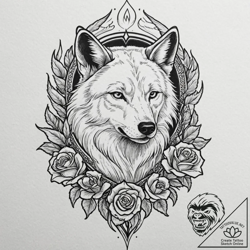Angel wolf with flames beneath paws, tattoo l... - tattoo sketch (№1752636300_0, 16.07.2025 03:25) — tattoovalue.net