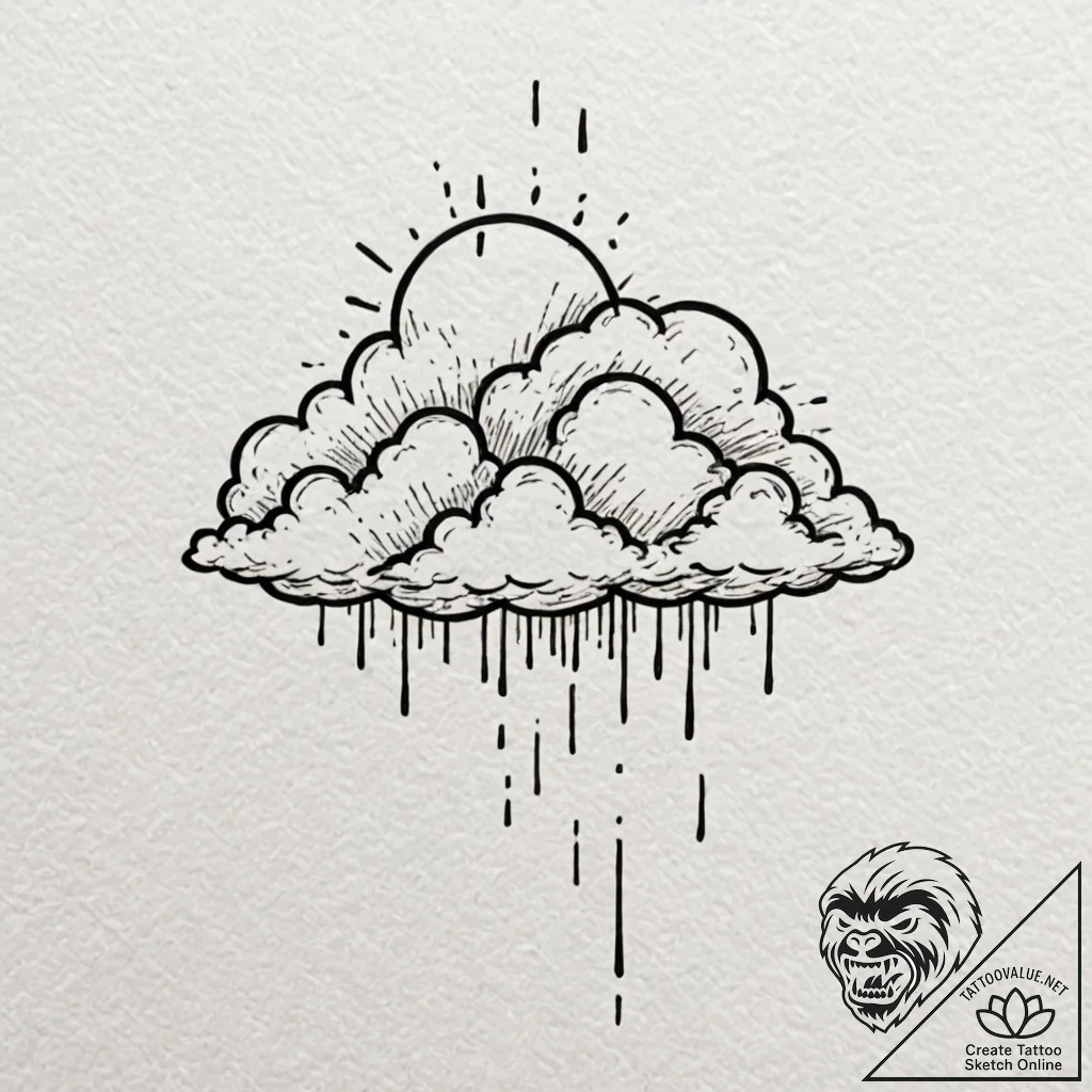 Rain cloud, single line drawing, tattoo flash... - tattoo sketch (№1752636377_0, 16.07.2025 03:26) — tattoovalue.net