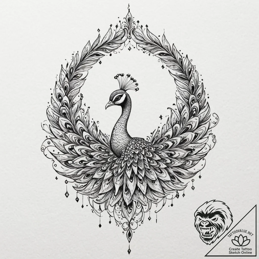 Peacock tail devouring stars, ink illustratio... - tattoo sketch (№1752636607_0, 16.07.2025 03:30) — tattoovalue.net